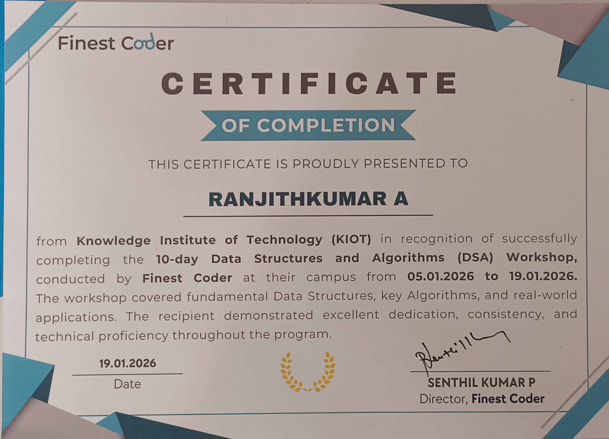 DSA Workshop Certificate - Finest Coder