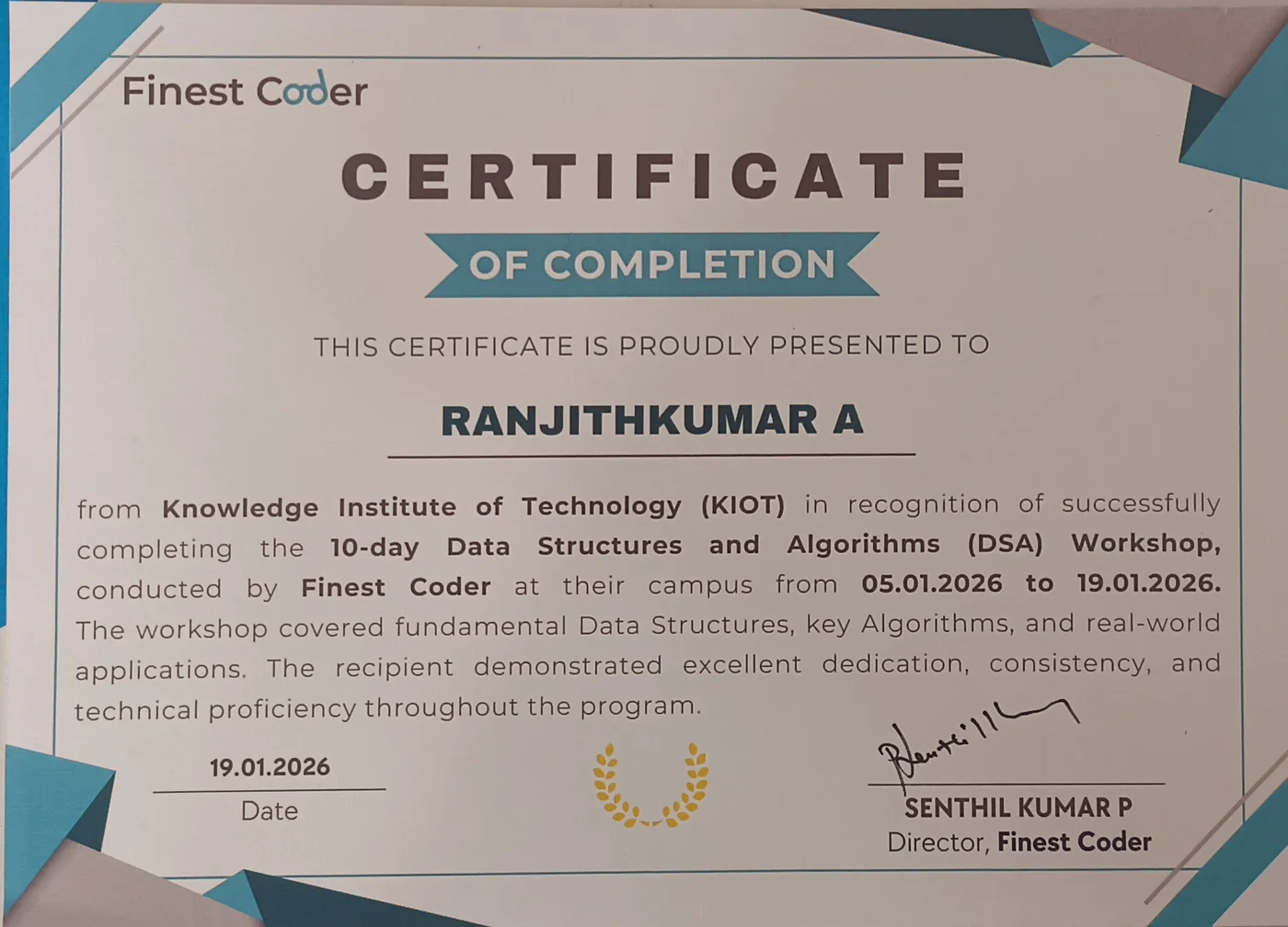 DSA Workshop Certificate