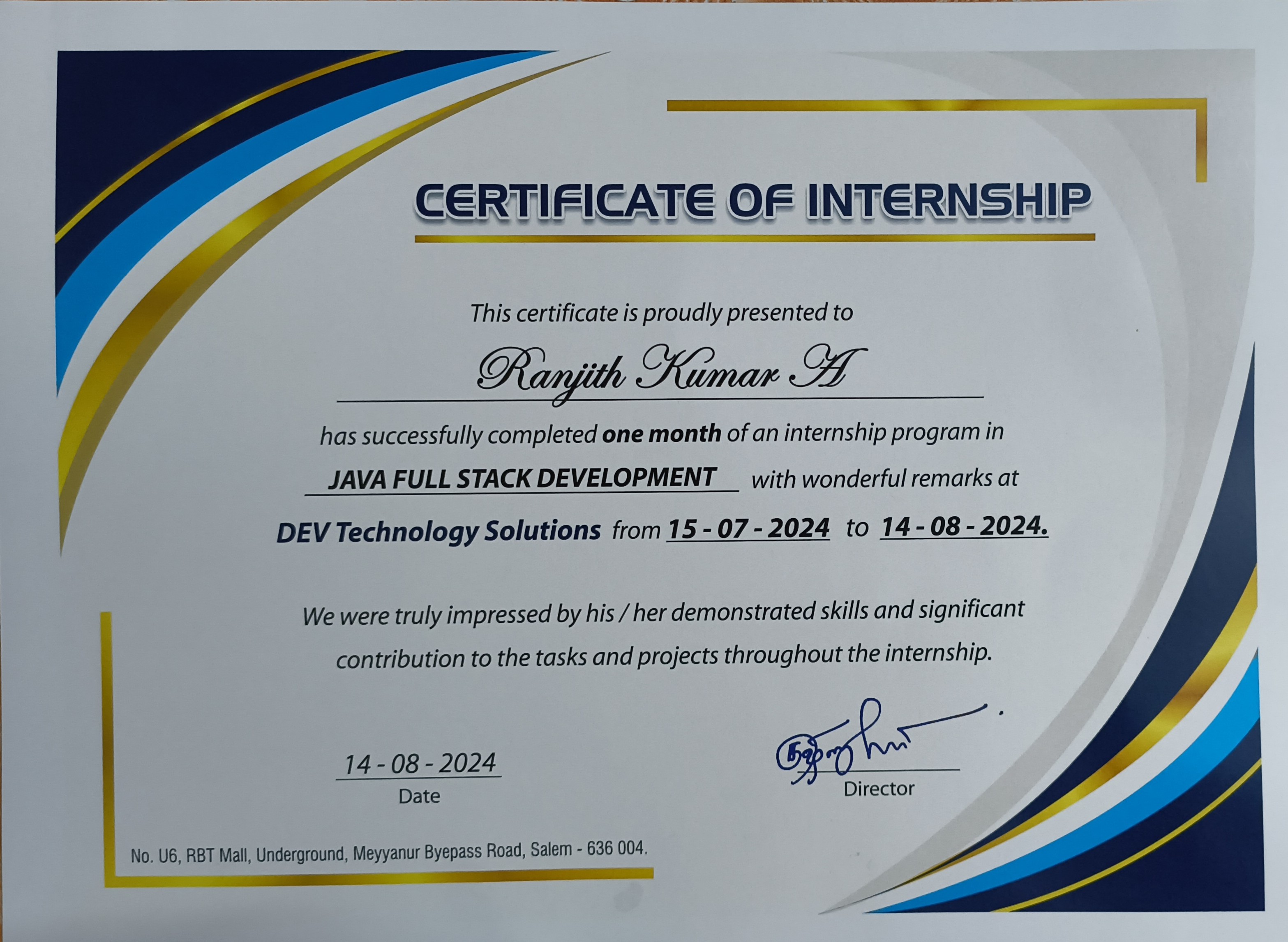 Java Internship Certificate