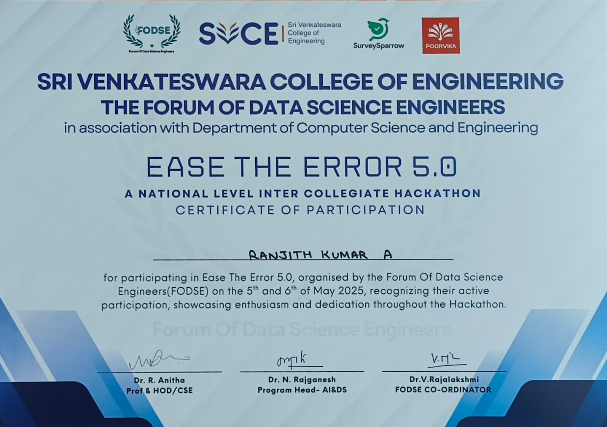 Ease The Error 5.0 Hackathon Certificate